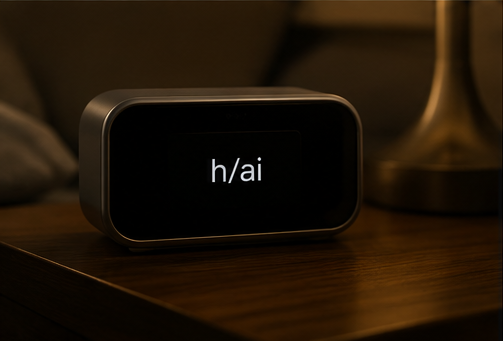 Bedside alarm clock displaying h/ai